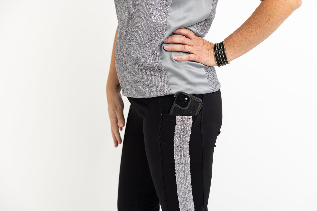 Silver Tuxedo Sequin Stripe Leggings