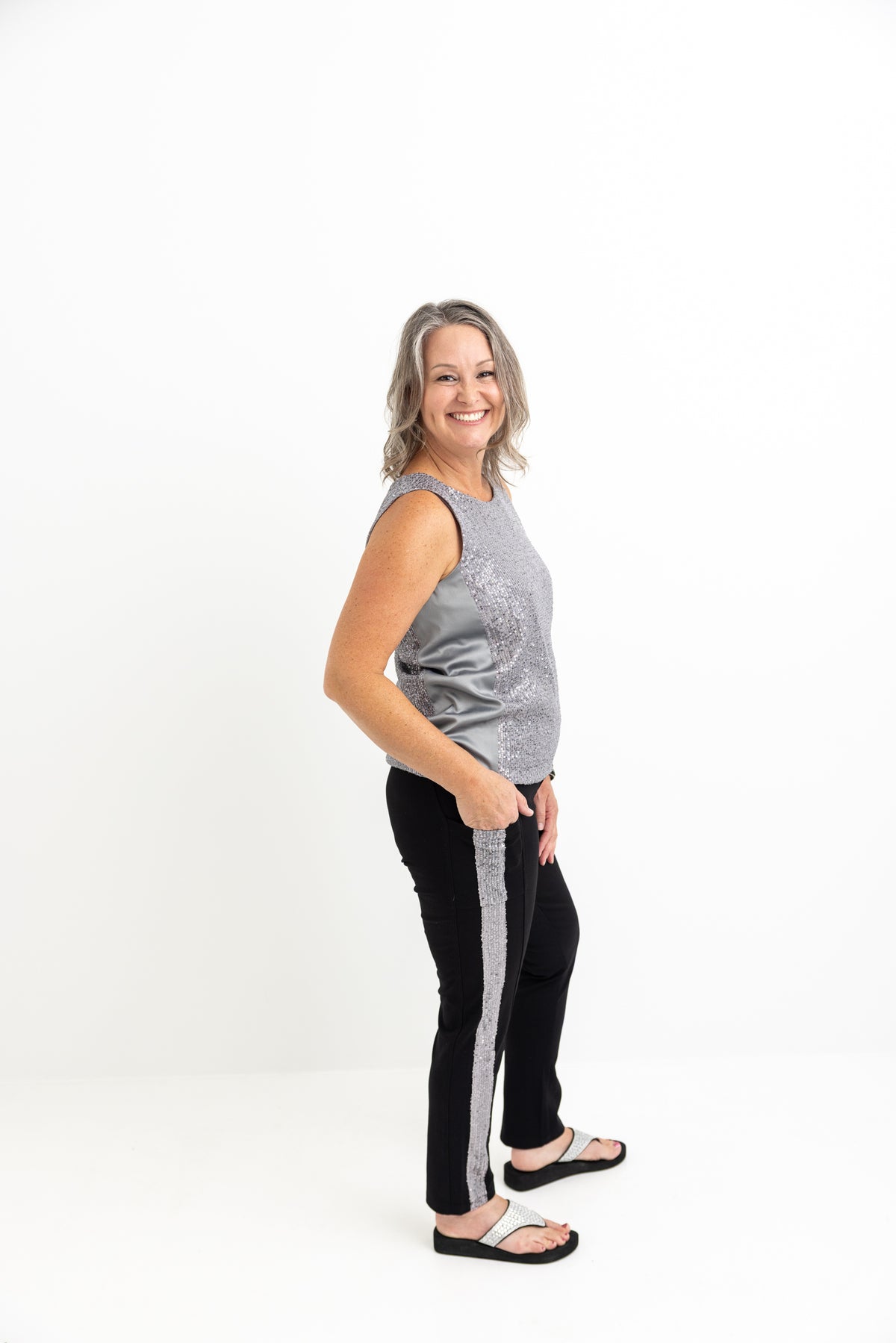 Silver Tuxedo Sequin Stripe Leggings