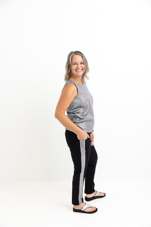 Silver Tuxedo Sequin Stripe Leggings