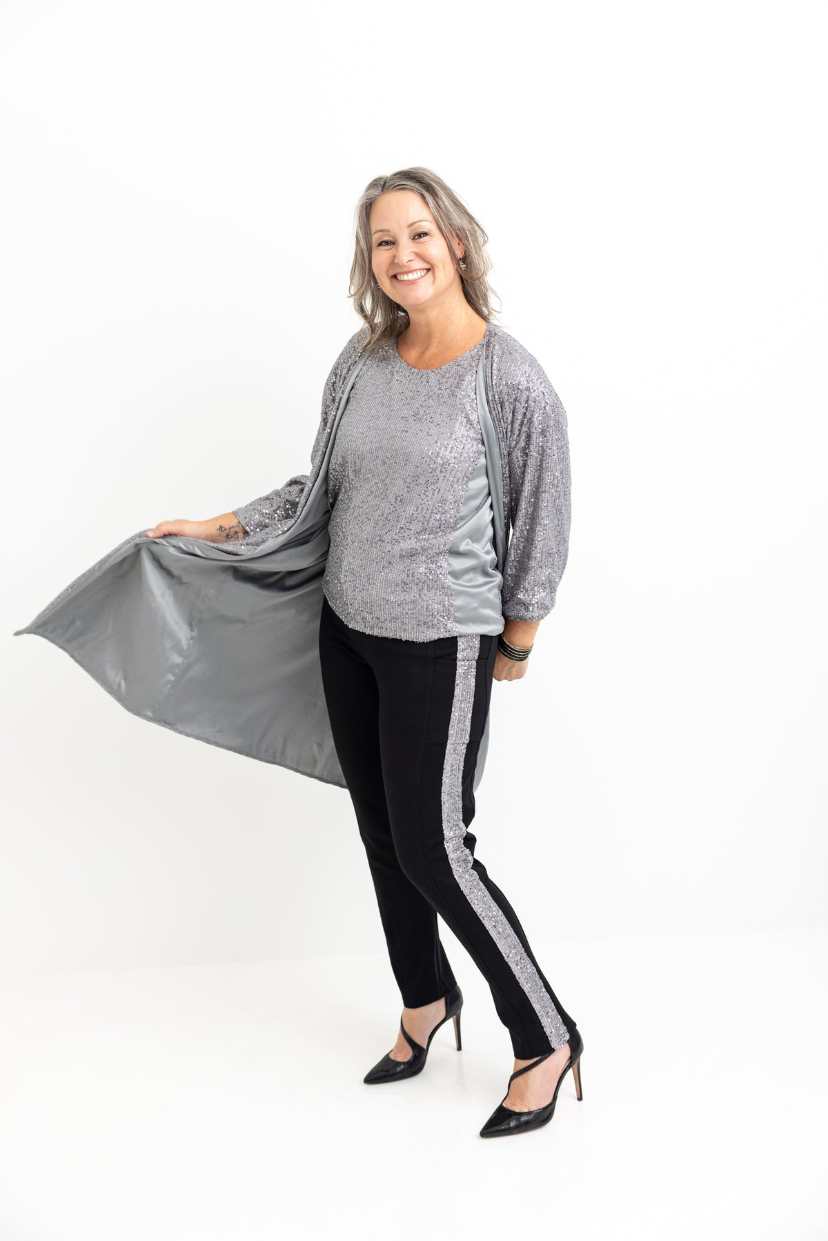 Silver Tuxedo Sequin Stripe Leggings